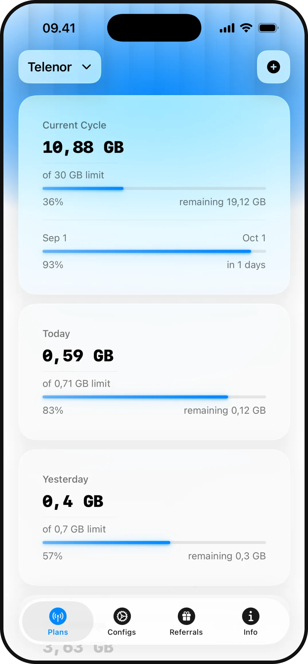 Data Plan showing 10.88 GB of a 30 GB cycle used, with today's and yesterday's usage below