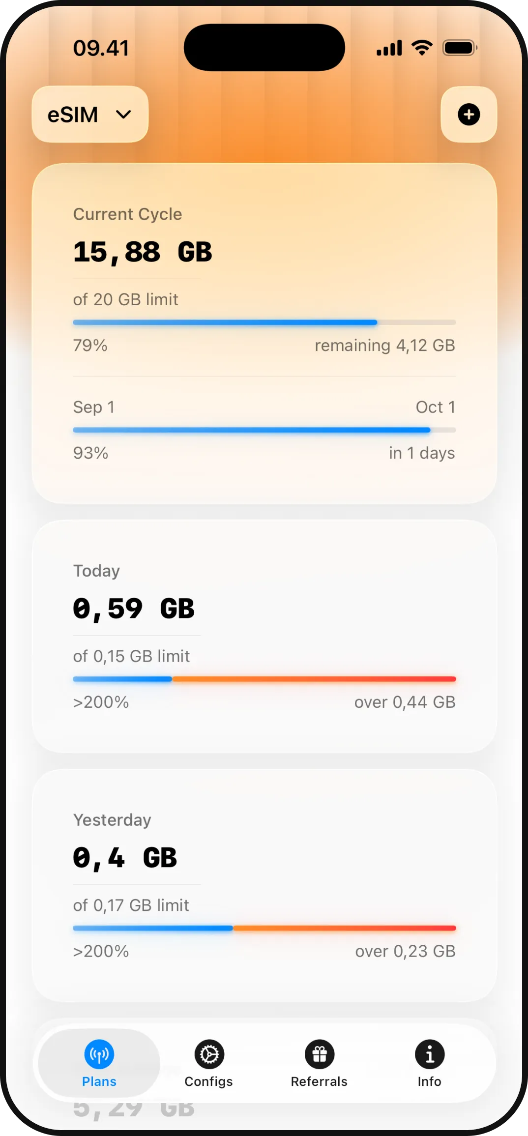 Data Plan showing an eSIM plan with today's usage over its daily limit