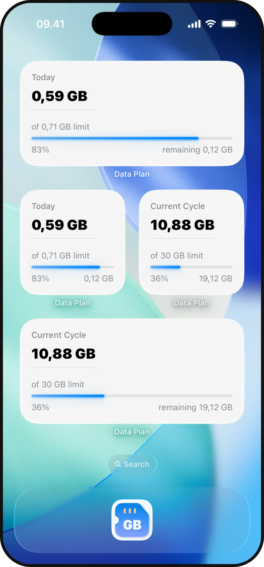 Data Plan widgets on the iPhone Home Screen showing today's and the current cycle's usage